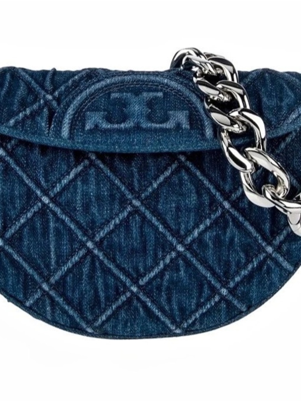 Tory Burch Fleming Soft Denim Mini Crescent Bag Blue Silver Chain Strap
